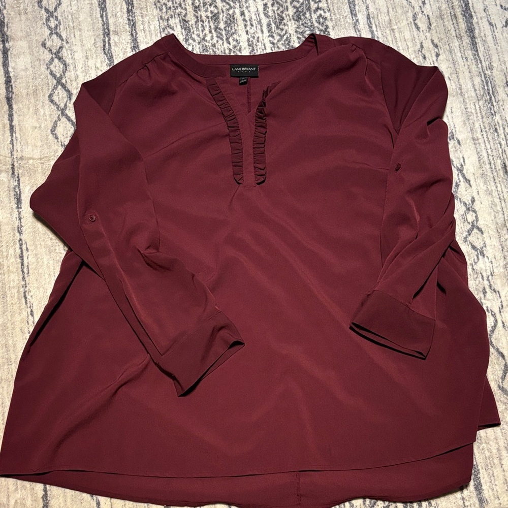 Lane Bryant Wine Ruffle-Trim V-Neck Blouse